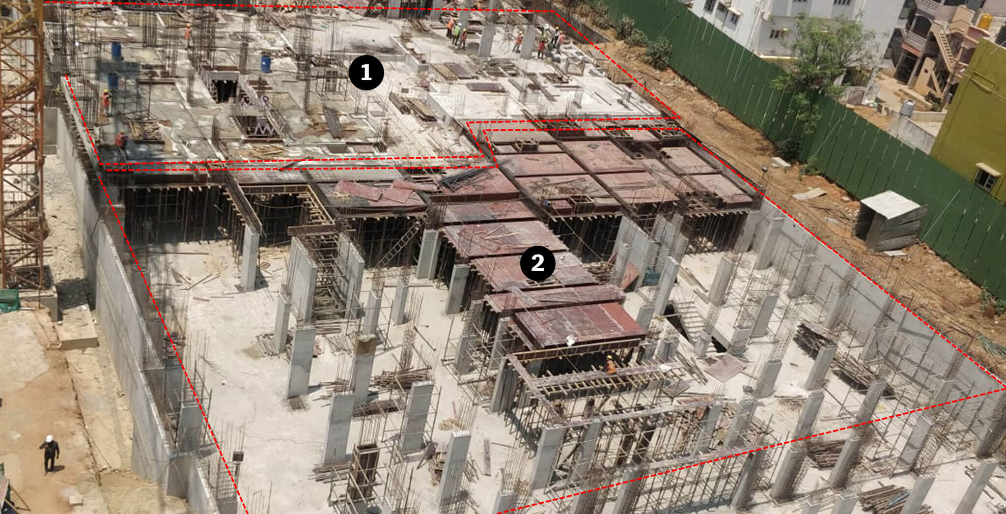 Mar 2019 - Block-E: 1) GF Slab completed. FF columns casting in progress 2) GF Slab shuttering in progress