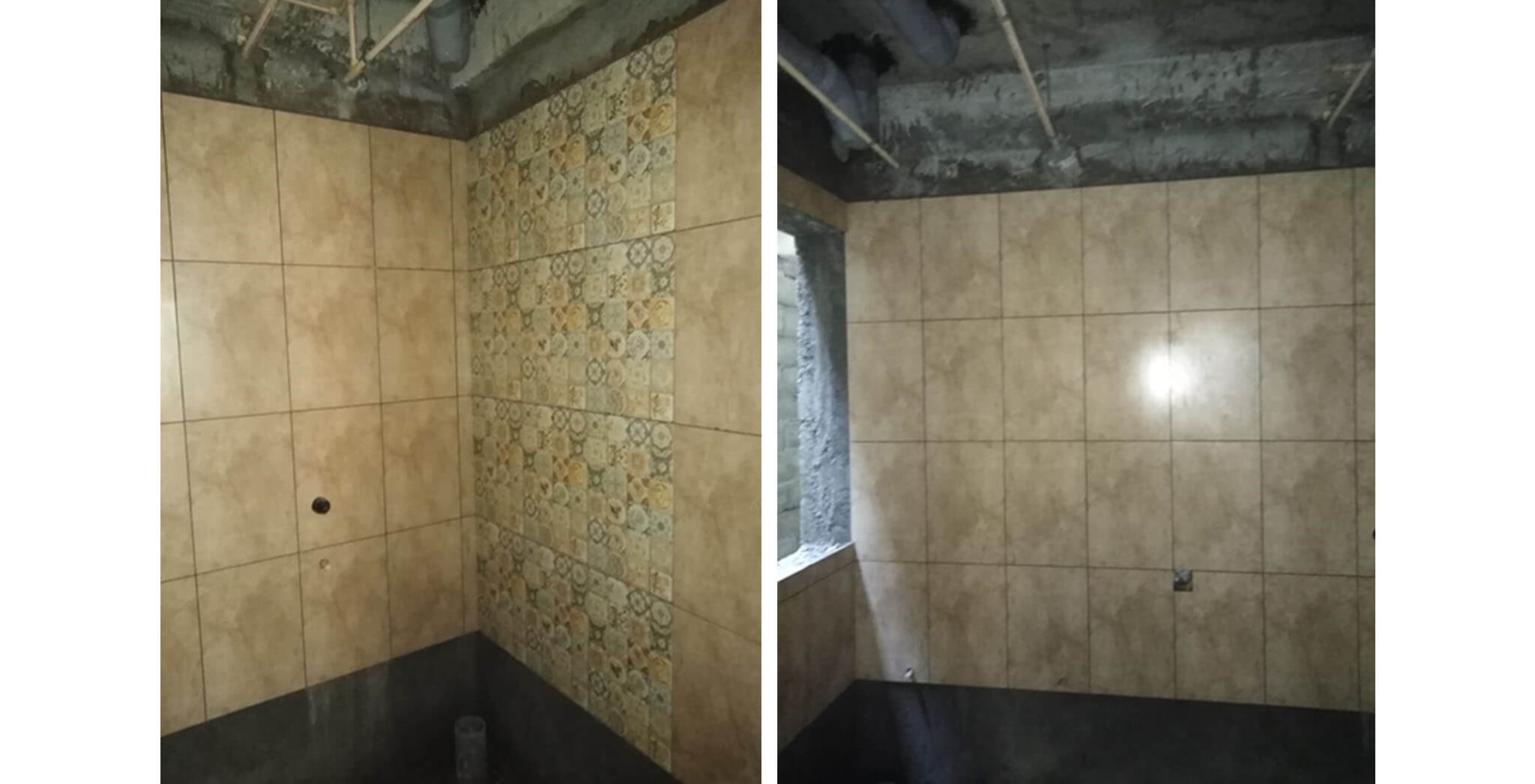 Oct 2019 - Wing K: Mock up unit Toilet dado tiles work-in-progress