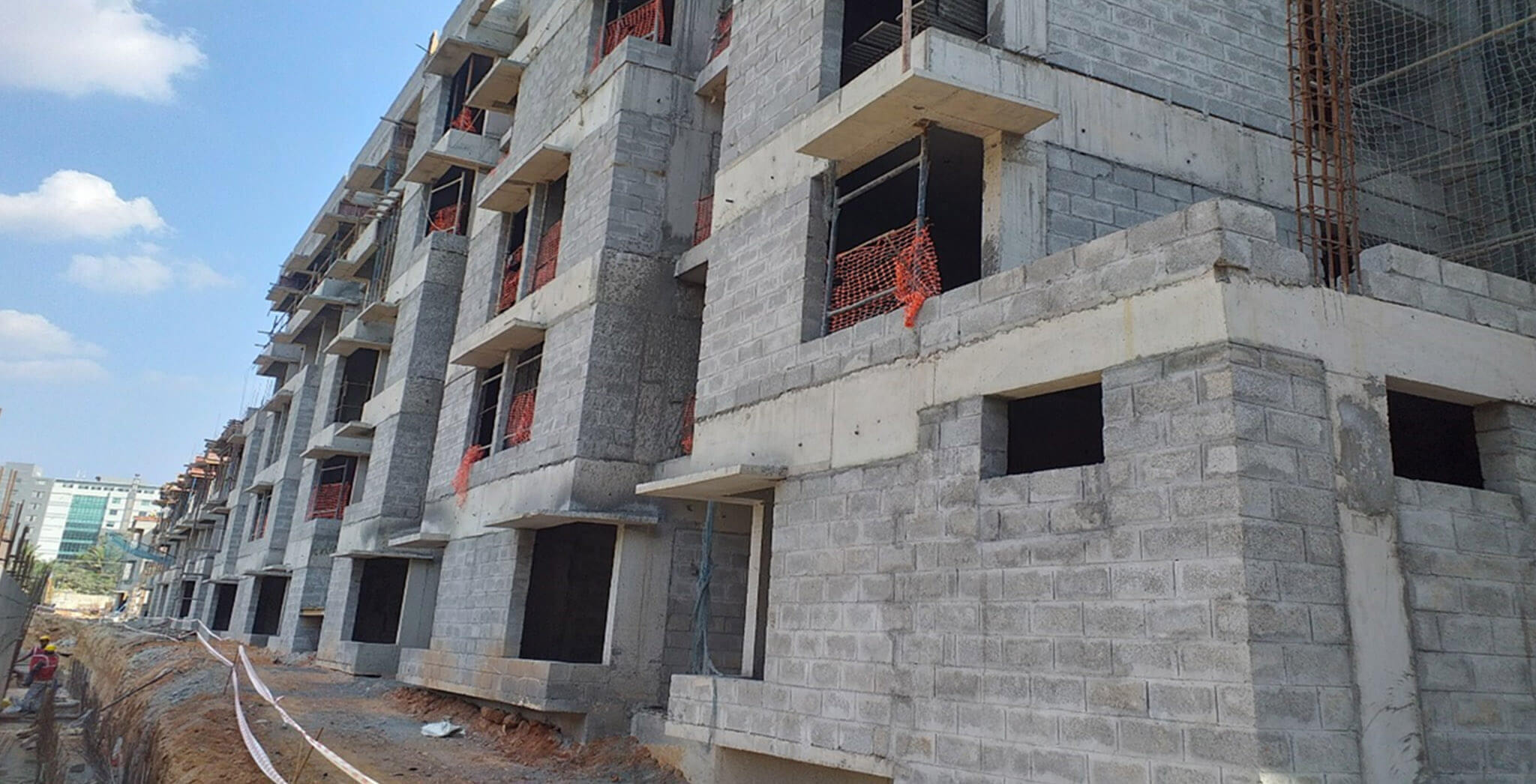 Mar 2020 - North side view: N, P and Q Blocks—Block work in progress; N & P Blocks—Ceiling & internal wall plastering in progress