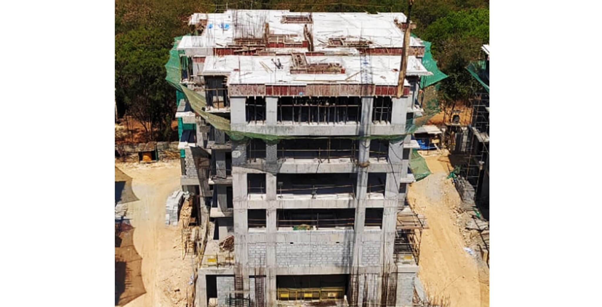 Mar 2020 - R Block: Terrace floor slab concreting completed; 1st floor blockwork in progress.
