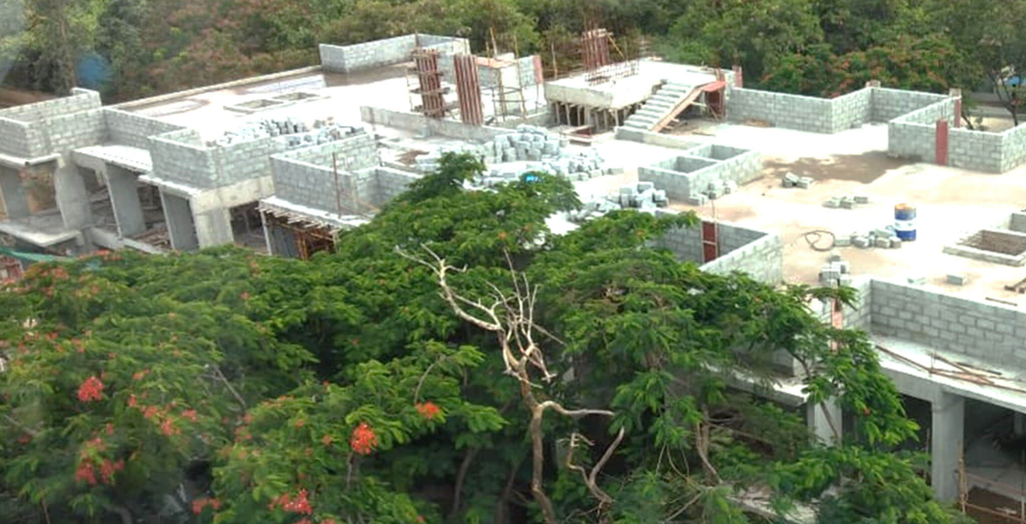 Jun 2020 - E Block: Above terrace floor column shuttering work, parapet wall and ducts block-work in progress; Up to 2nd floor—block work completed.