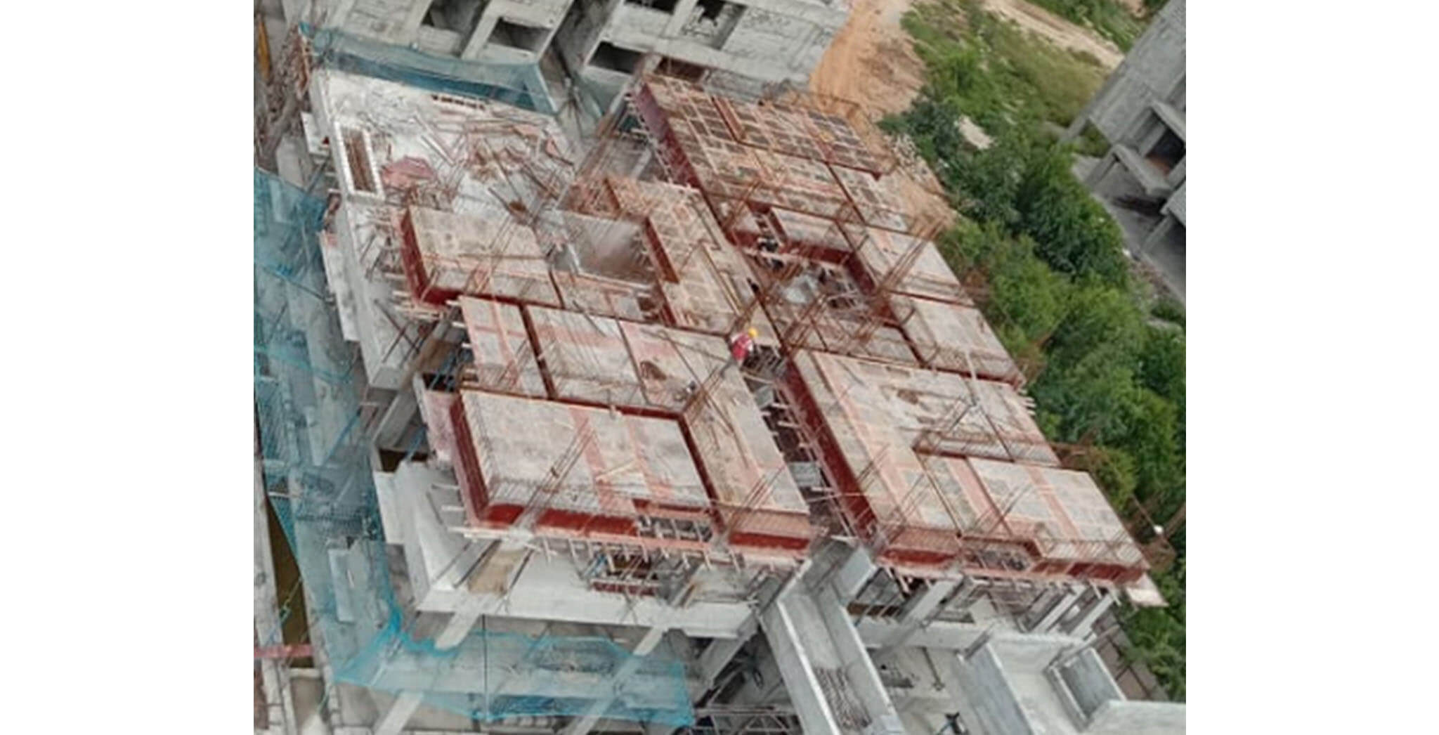 Aug 2020 - North side view: R Block—3rd floor slab shuttering and rebar work-in-progress.