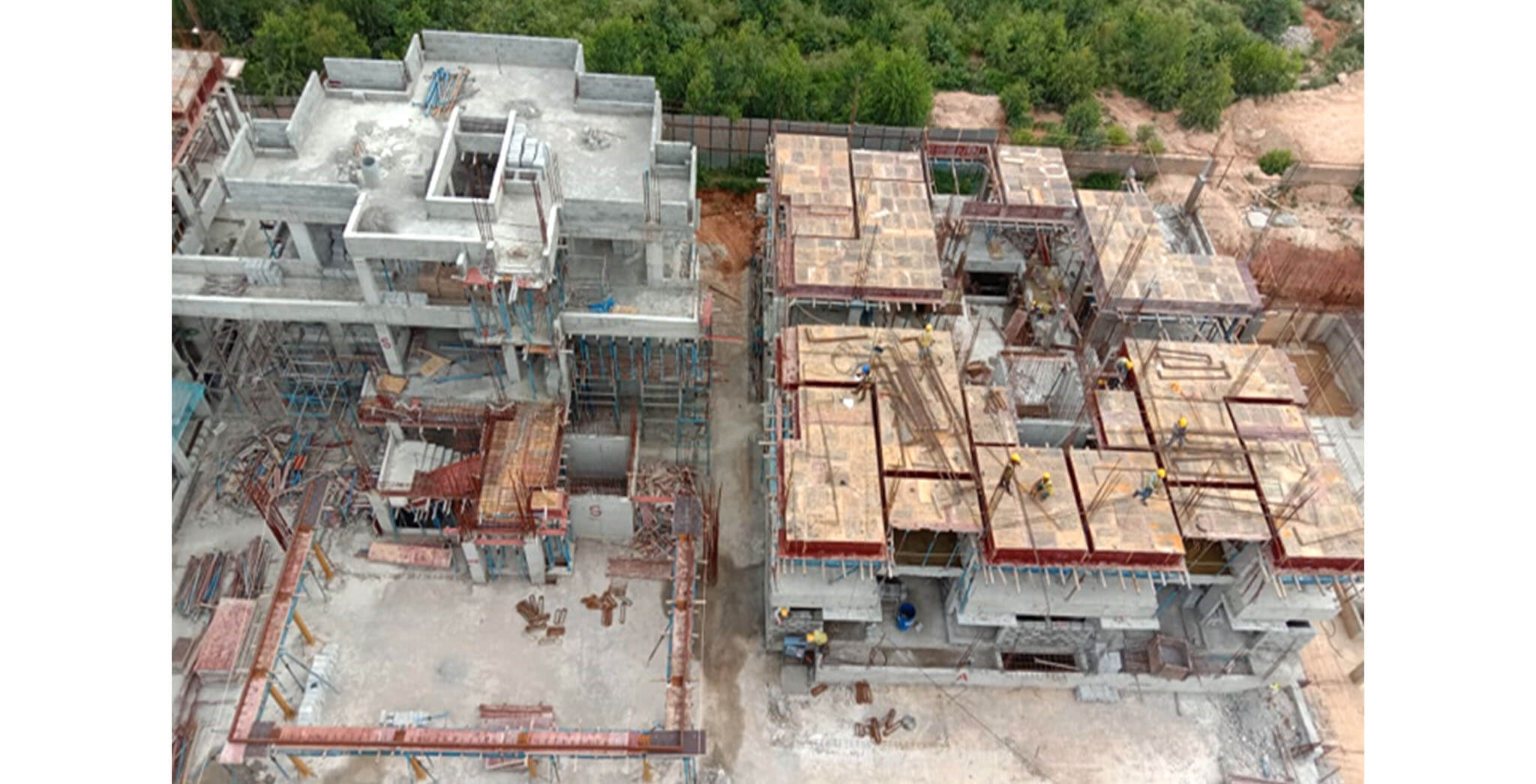 Aug 2020 - North side view: A Block—2nd floor shuttering in progress; Podium slab concreting completed.