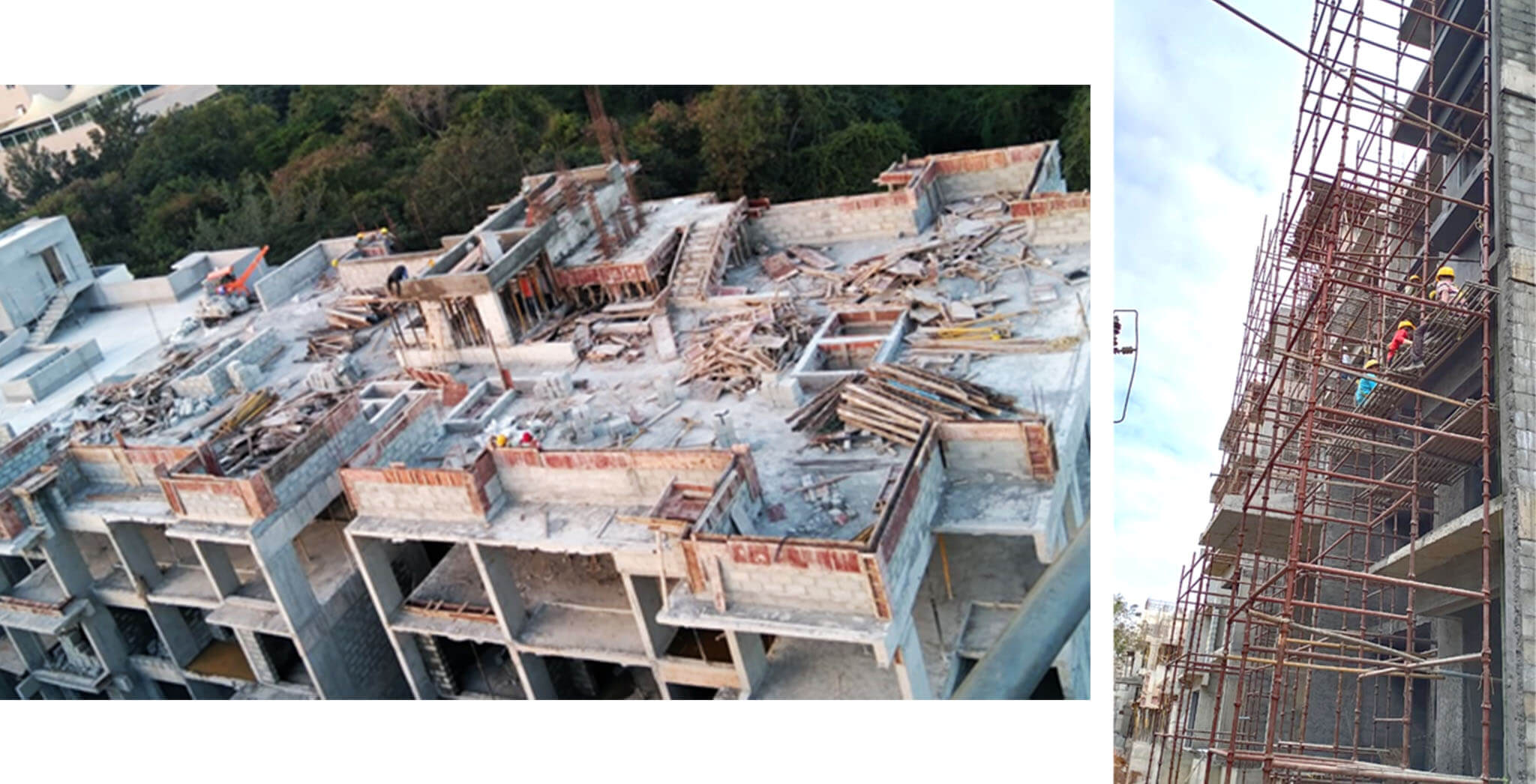 Dec 2020 - B Block: SHR and LMR bottom slab concreting work completed; North elevation external plastering, 4th floor blockwork, and 2nd floor internal plastering work-in-progress.