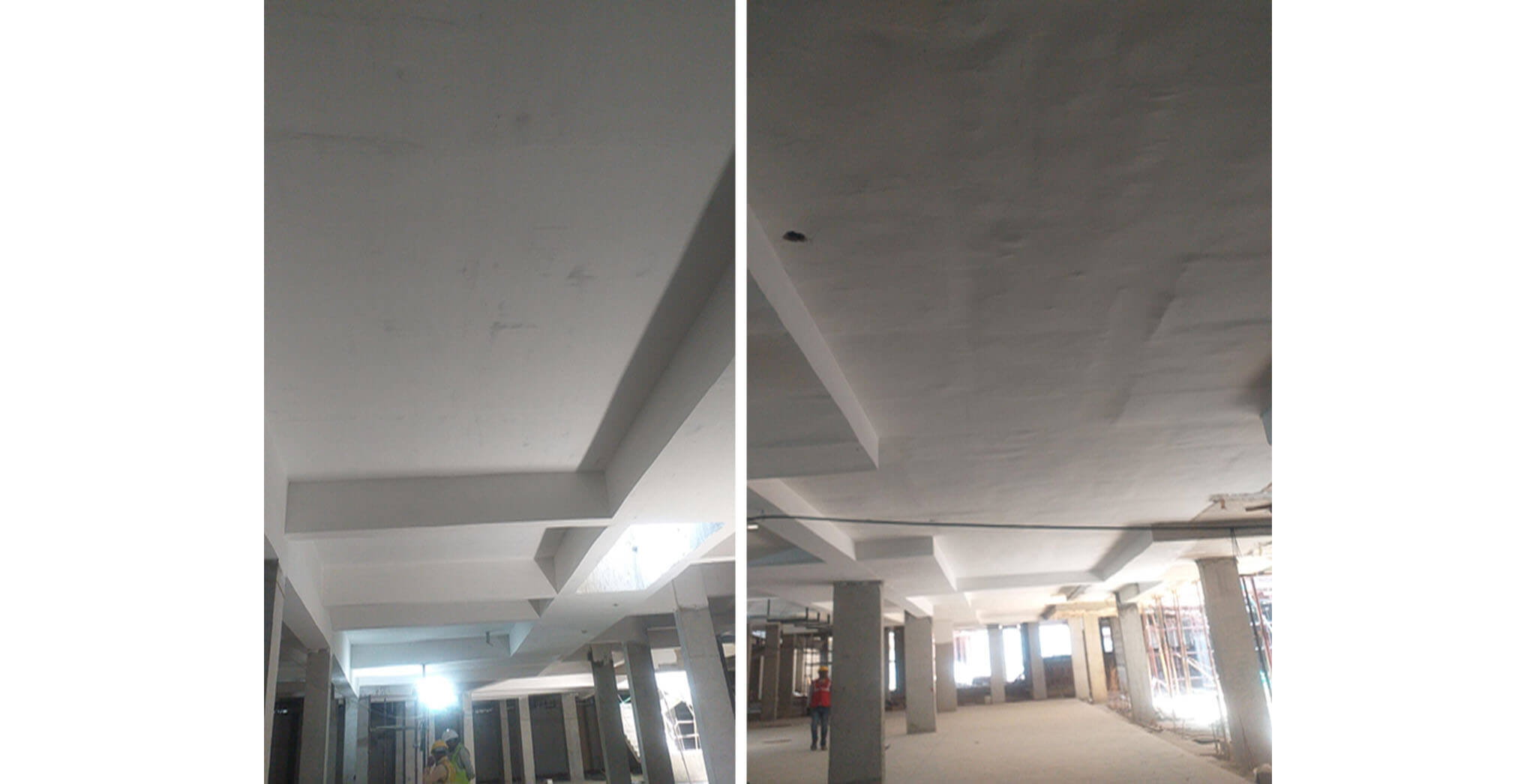 Feb 2021 - Basement ceiling view: Ceiling putty & primer work-in-progress at E, F, G, H, J, K, L, M, N & P blocks