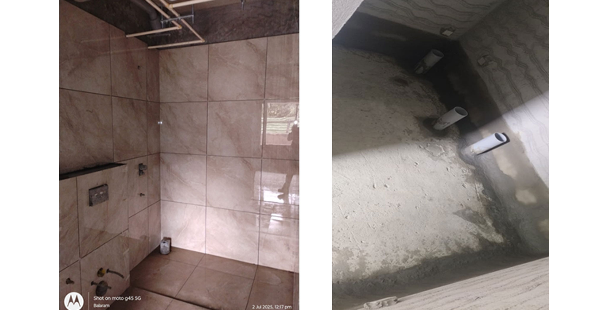 Jun 2025 - Brigade Orchards Fairmont Toilet Activities: Water proofing work in progress. Toilet tiling work in progress