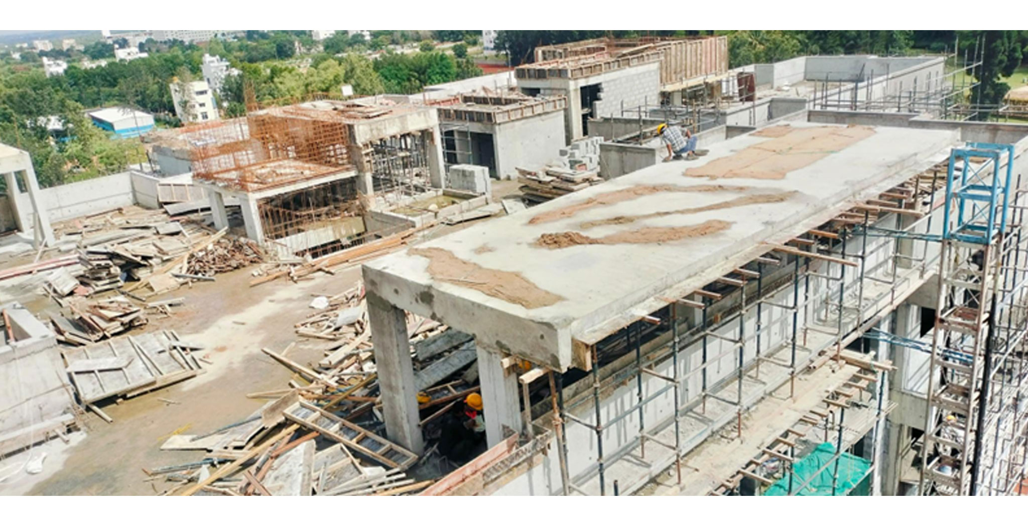 Jul 2025 - Brigade Orchards Fairmont Tower 1: Above terrace activities WIP. LMR room slab casting completed. Parapet wall concreting completed. Elevation features slab completed. Over head tank shuttering WIP. Staircase Headroom slab casted