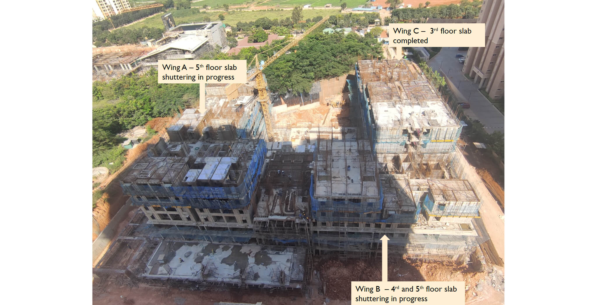  OVERALL VIEW – 1.Wing A&B – 4th and 5th floor slab shuttering  WIP
2. Wing – C –   3rd floor slab completed - Status Images 7