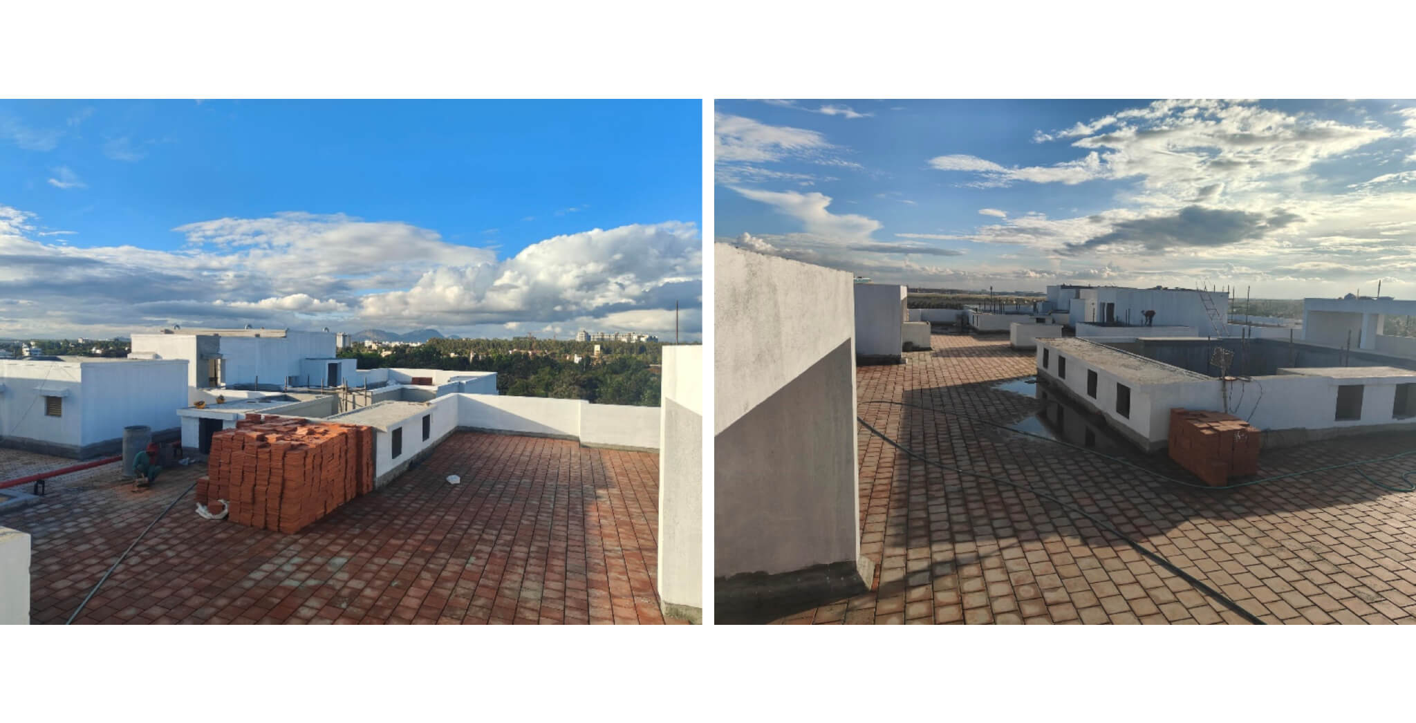 Nov 2025 - Brigade Orchards Fairmont Tower 1 and 2 Above terrace activities - Waterproofing completed, Clay tile floor work in progress, Terrace painting work in progress